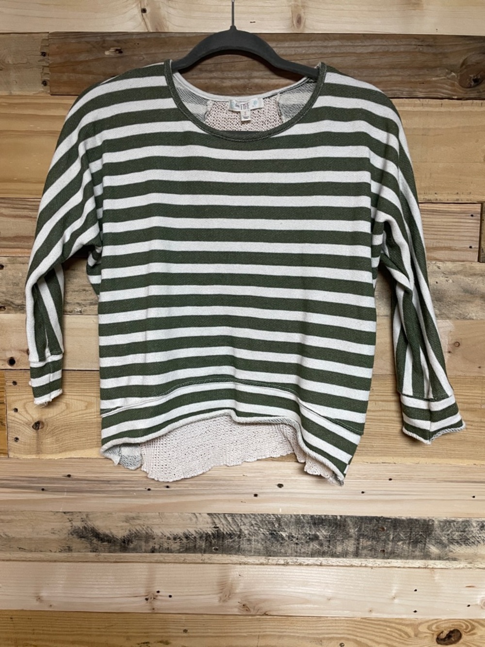 love, Fire size Small Olive Green and Cream Striped 3/4 Sleeve Terrycloth Top